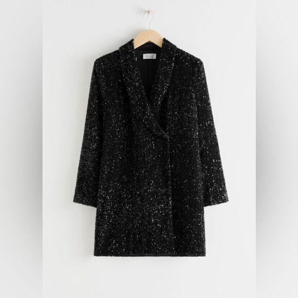 NWT & Other Stories Mini Black Dress Double Breasted Blazer Sequin Size XS - Picture 6 of 11